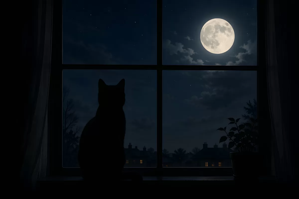 Katzensilhouette am Fenster mit Vollmond bei Nacht