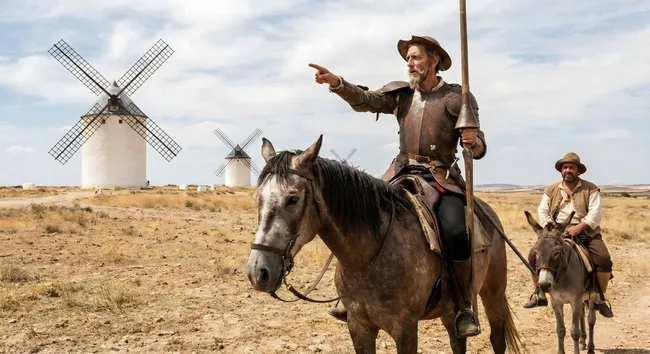 Kavalier auf Pferd vor historischen Windmühlen