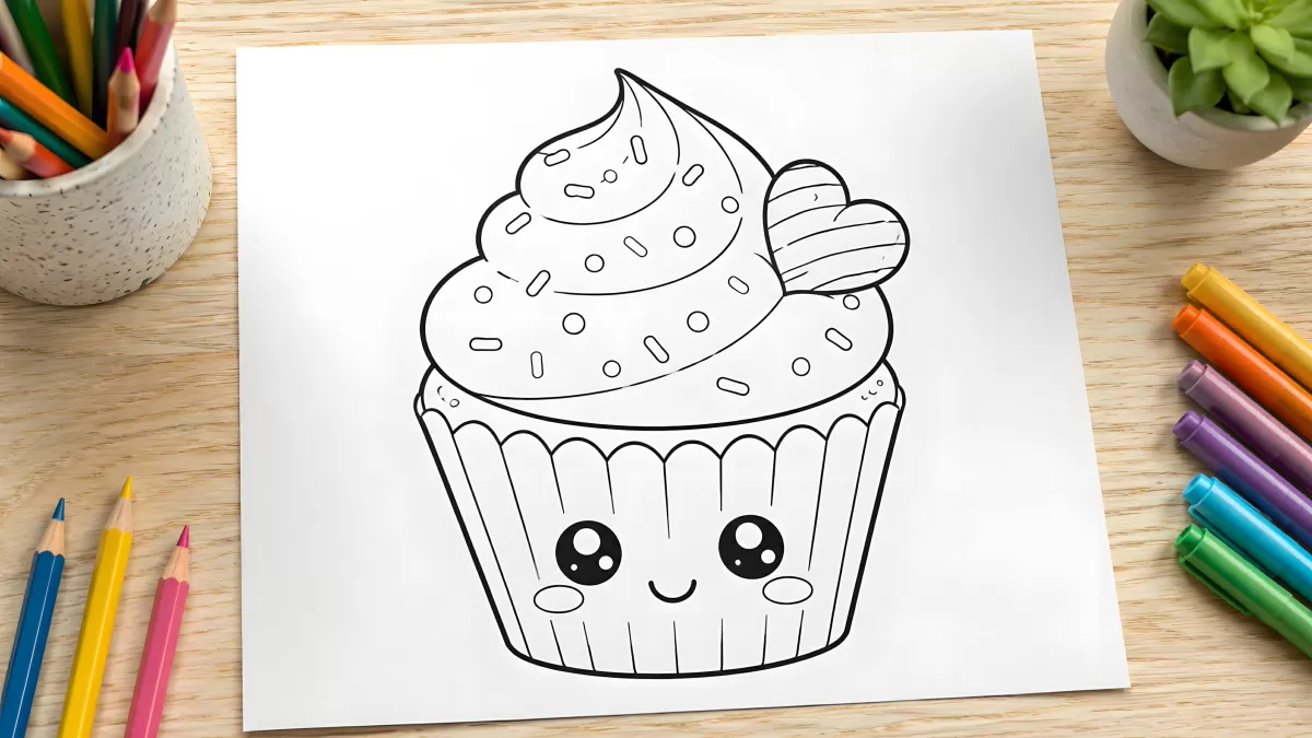 Kawaii Cupcake Ausmalbild mit Gesicht und Streuseln