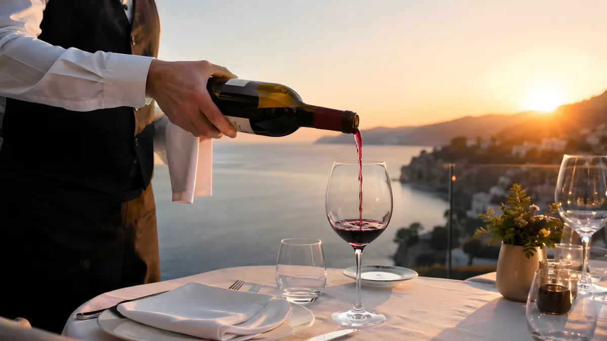 Kellner schenkt Rotwein bei Sonnenuntergang am Meer ein