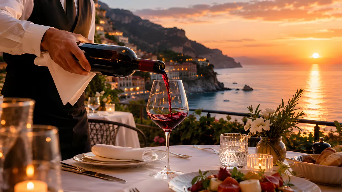 Kellner schenkt Rotwein ein bei Sonnenuntergang am Meer