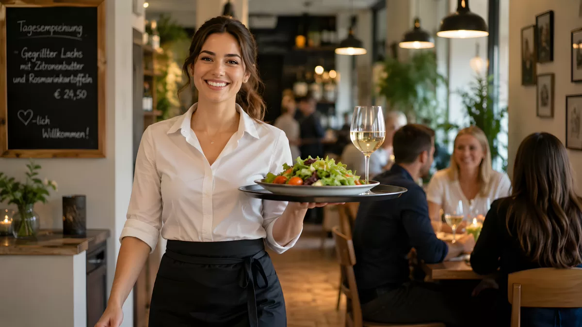 Kellnerin bringt Salat und Weißwein zum Tisch