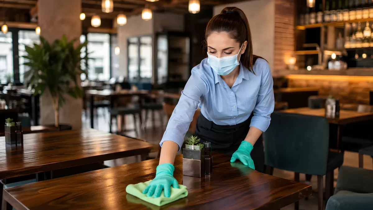 Kellnerin reinigt Restauranttisch mit Maske und Handschuhen