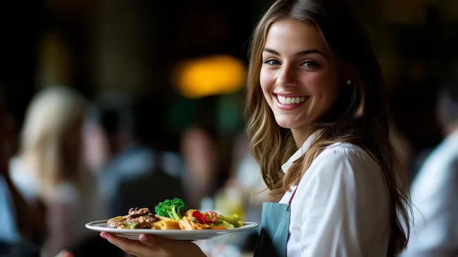 Kellnerin serviert leckeres Abendessen im Restaurant