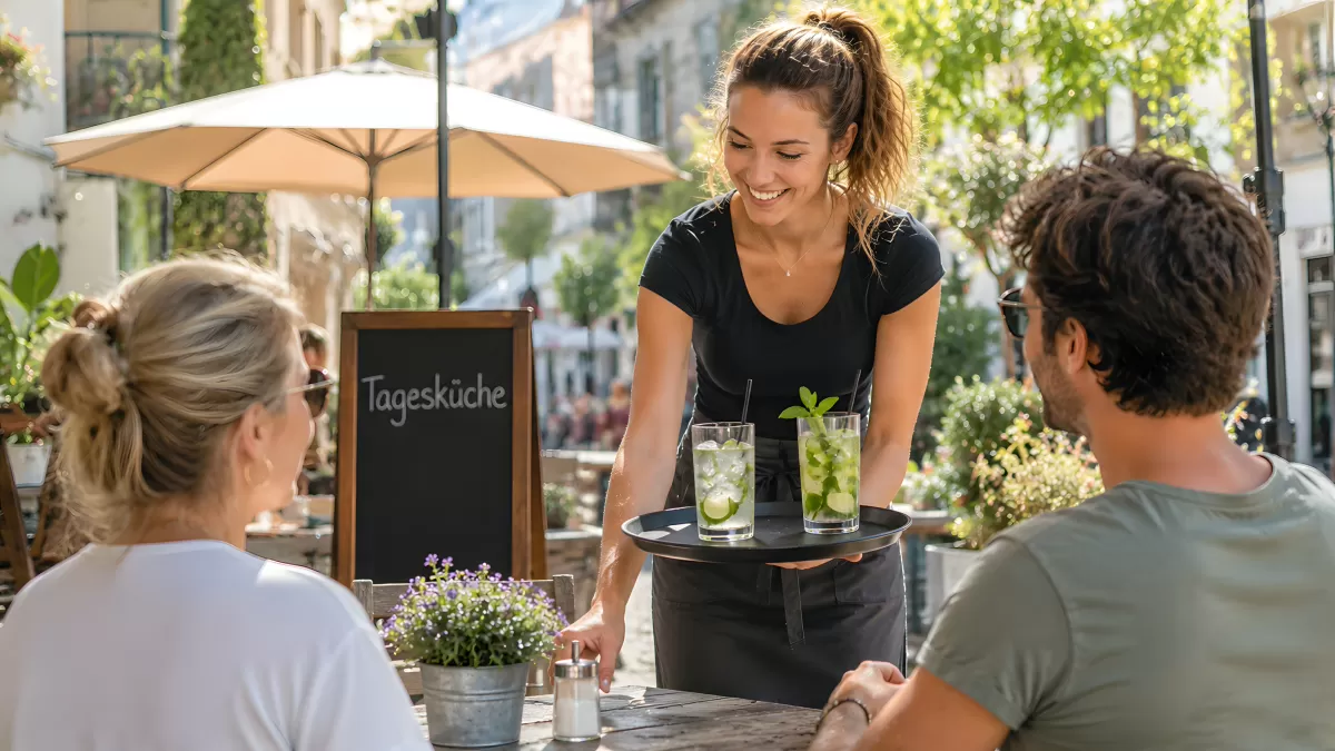 Kellnerin serviert Mojitos im Straßencafé bei Sonne