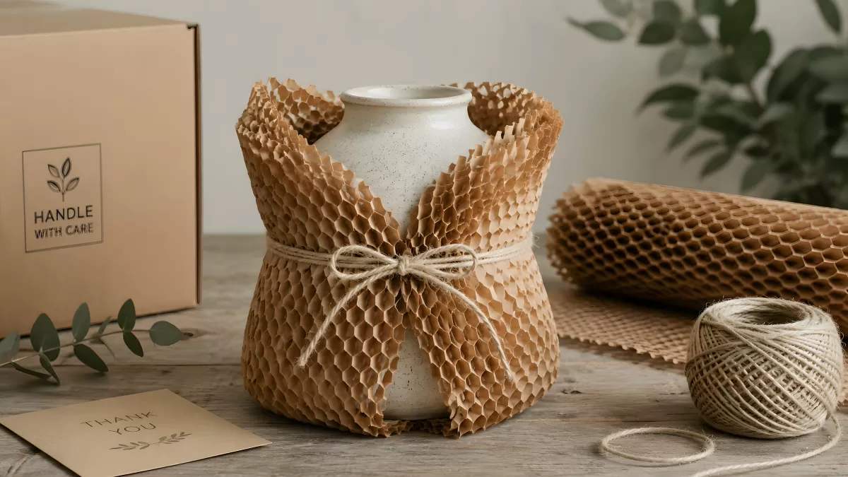 Keramikvase in Wabenpackpapier nachhaltig verpackt