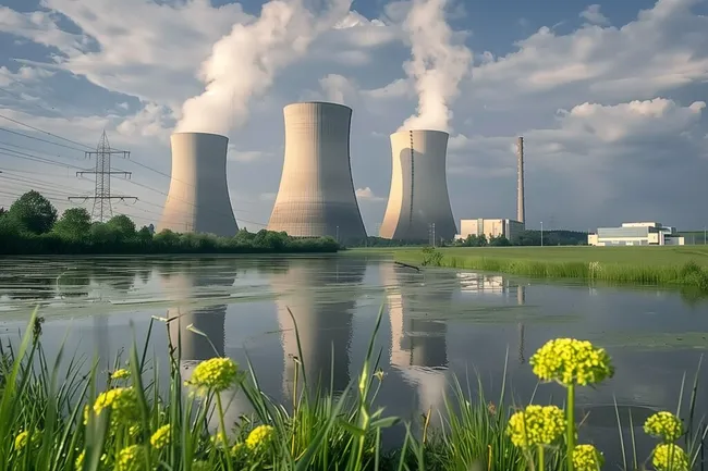Kernkraftwerk mit Kühltürmen im malerischen Landschaftskontext