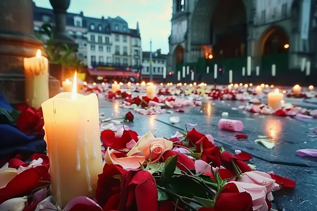 Kerzen und Rosenblüten in der Dämmerung
