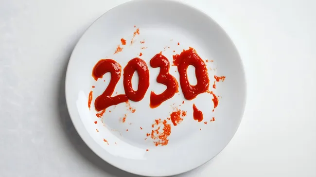 Ketchup-Beschriftung auf weißem Teller - Jahreszahl 2030