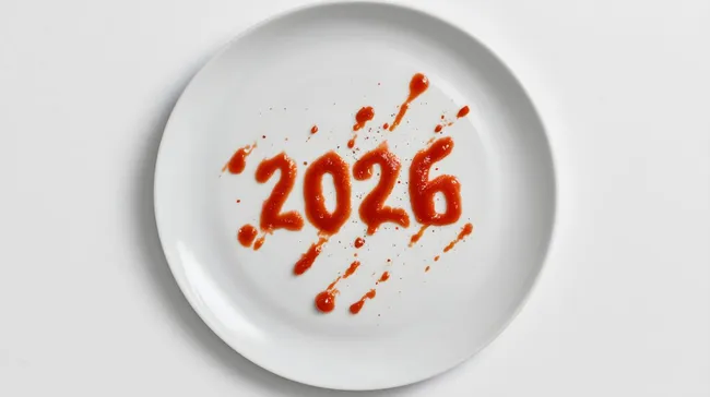 Ketchup-Jahresangabe 2026 auf weißem Teller