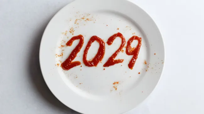 Ketchup-Kunst auf weißem Teller - Neujahr 2029