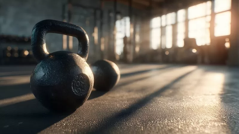 Kettlebell auf Boden im Sonnenlicht im Fitnessstudio