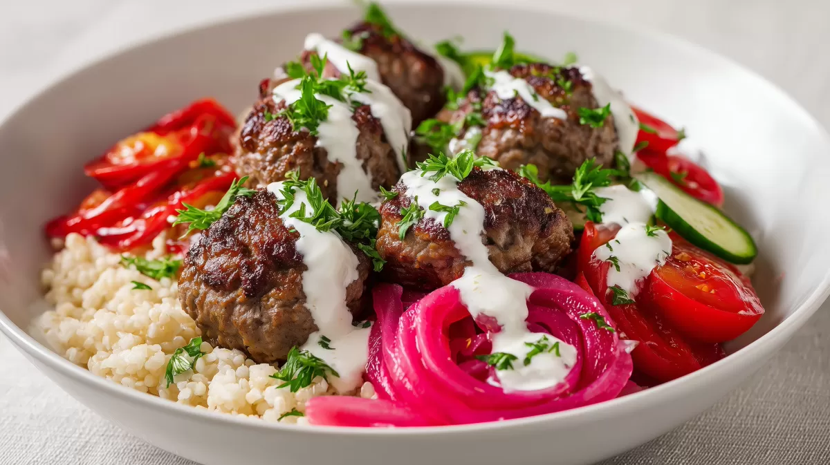 Kfte Bowl mit Joghurtsoe, Couscous und Gemüse