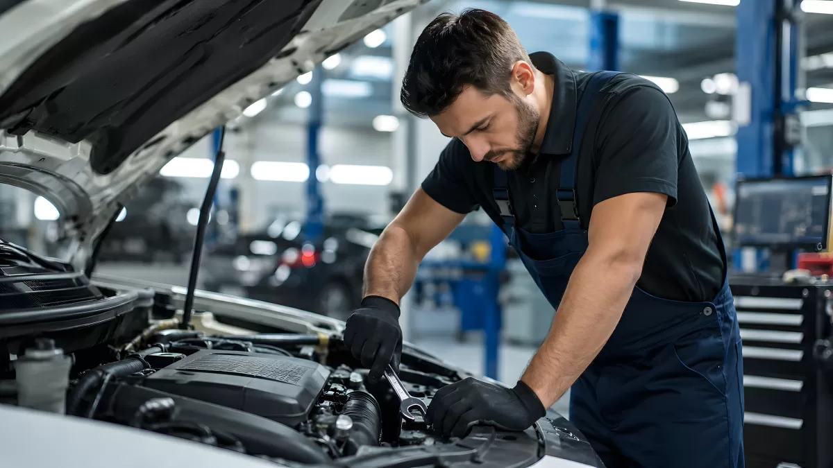 Kfz-Mechaniker arbeitet an Fahrzeugmotor in Werkstatt