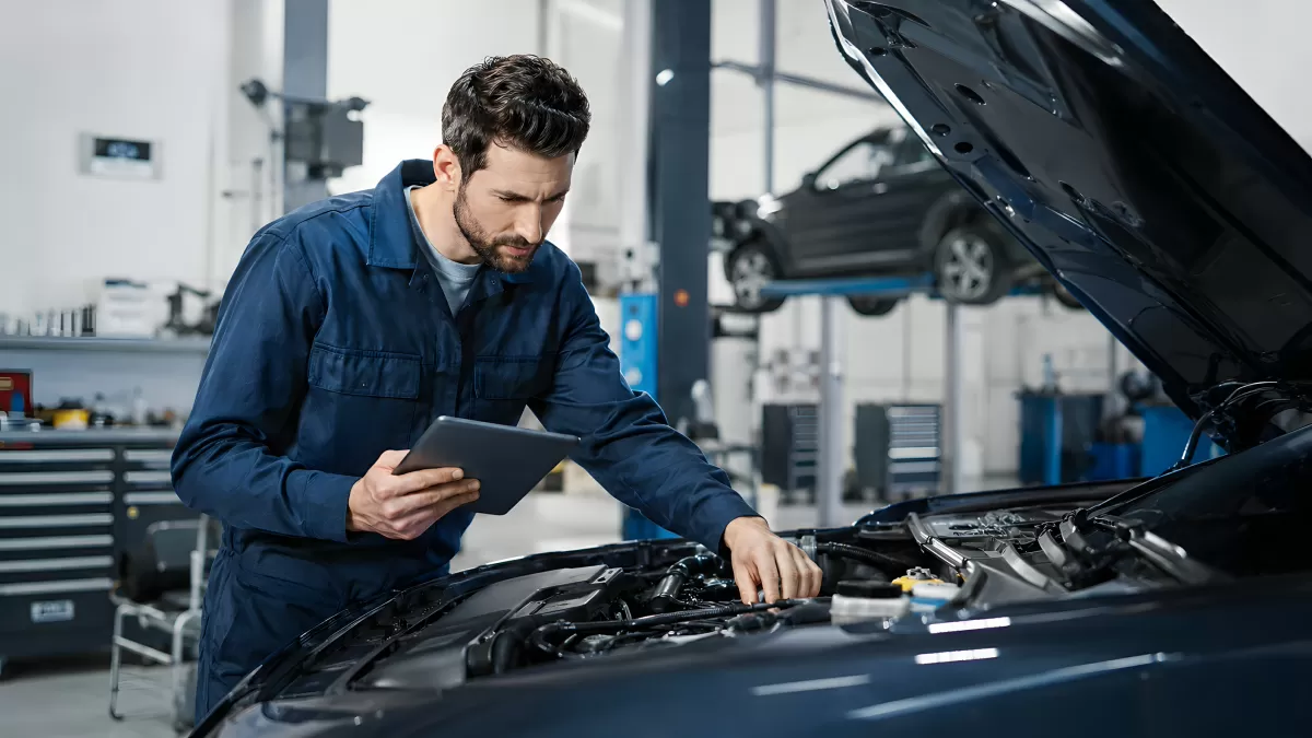 Kfz-Mechaniker prüft Motor mit Tablet in Werkstatt