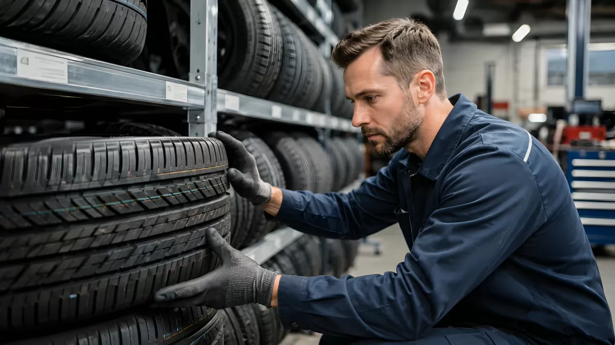 Kfz-Mechaniker prüft Reifen im Reifenlager