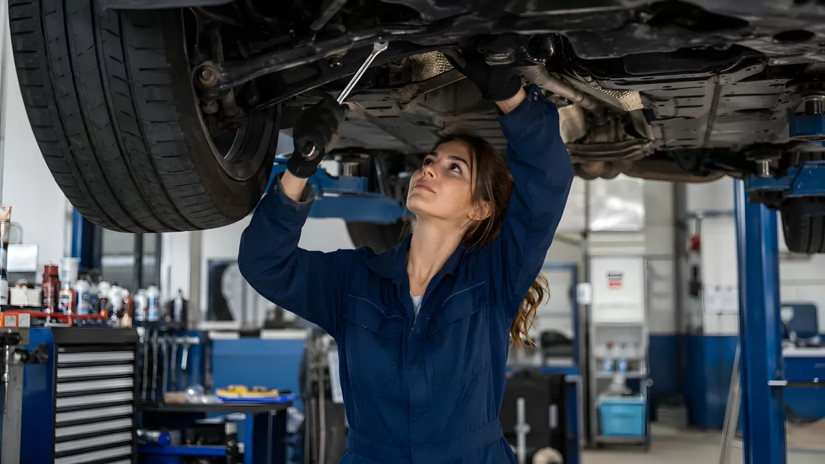 Kfz-Mechanikerin arbeitet unter angehobenem Fahrzeug