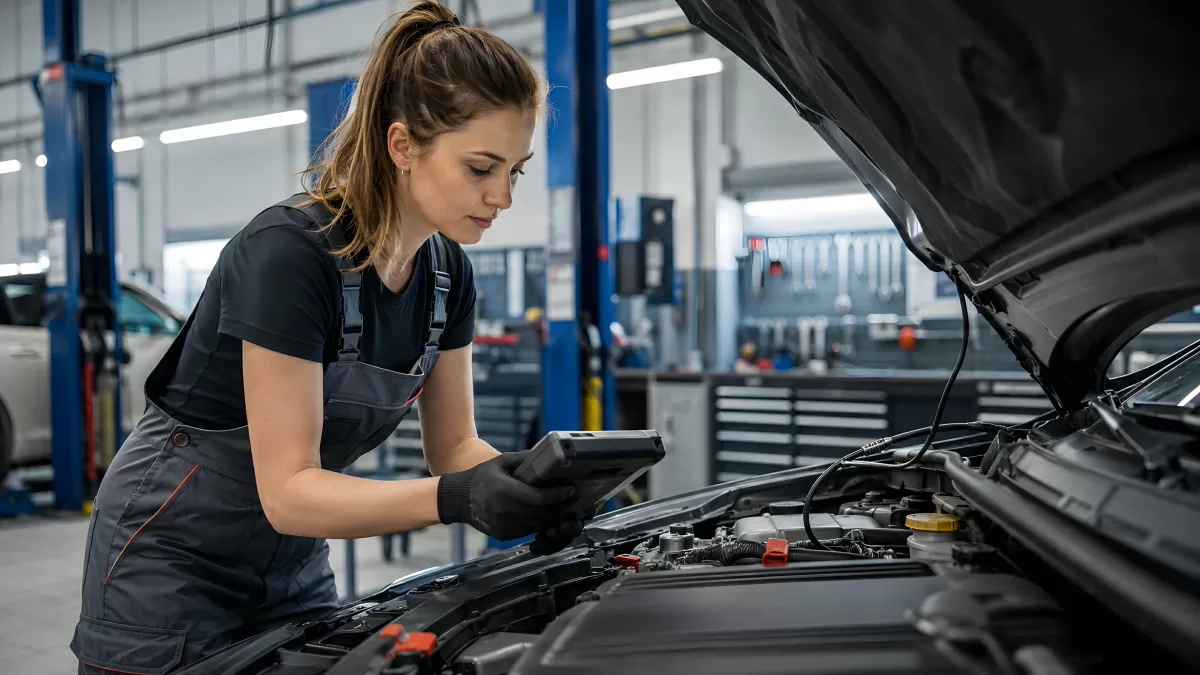Kfz-Mechanikerin prüft Motor mit Diagnosegerät
