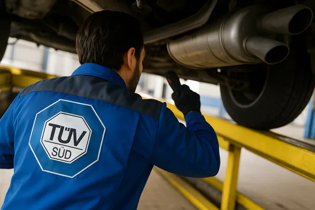 Kfz-Prüfingenieur kontrolliert Unterseite eines Fahrzeugs in der Werkstatt