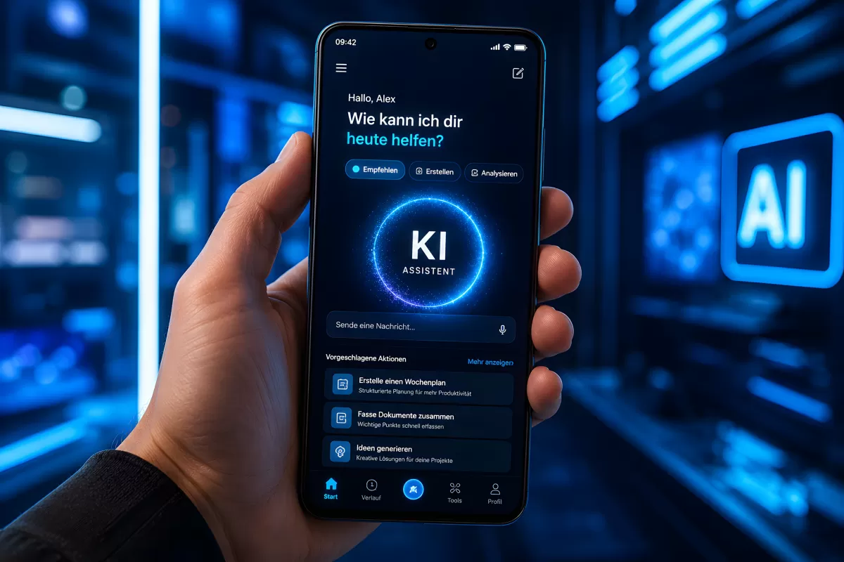 KI-Assistent App auf Smartphone in blauem Technik-Umfeld
