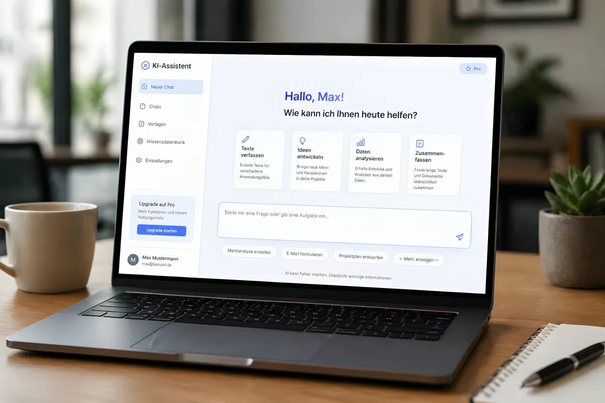 KI-Assistent auf Laptop-Bildschirm im Büro