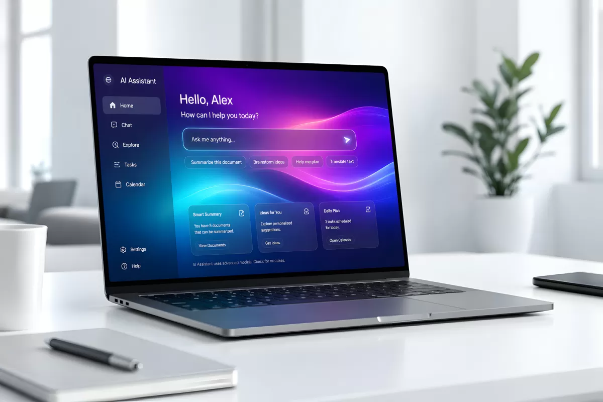 KI-Assistent auf modernem Laptop im Büro