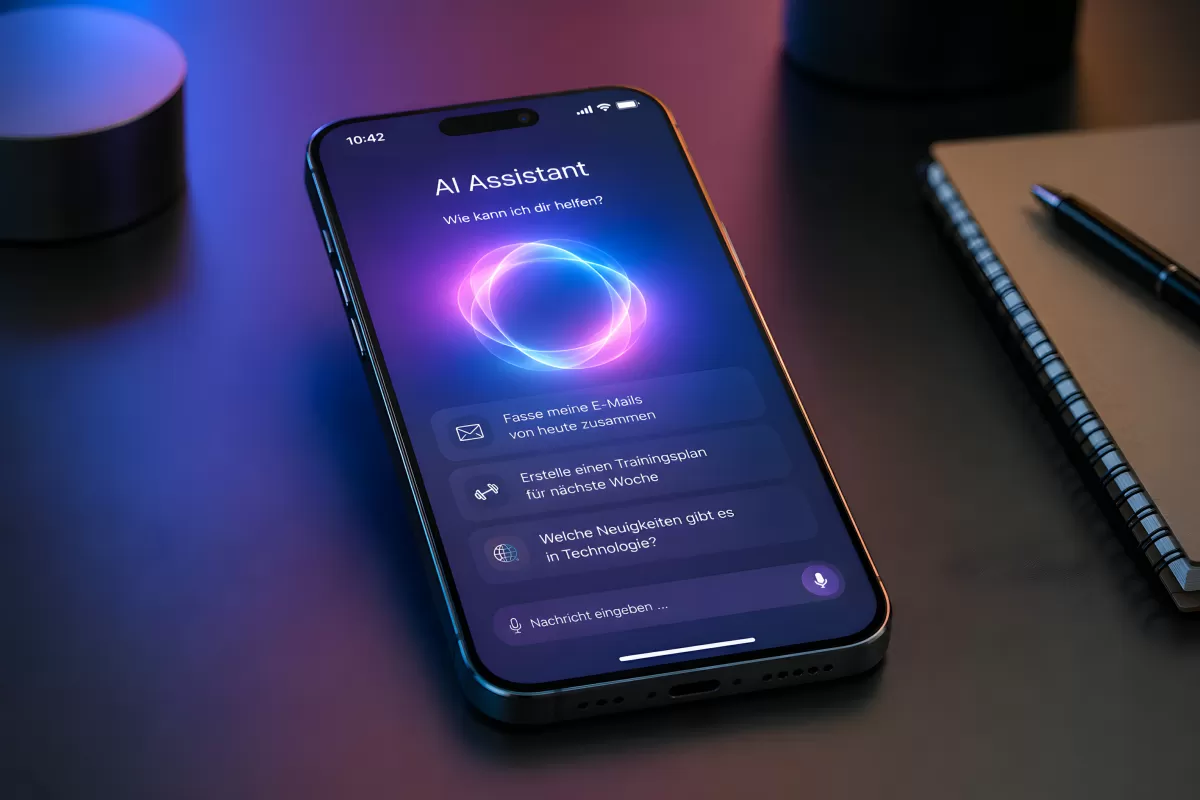 KI-Assistent auf Smartphone im dunklen Ambiente