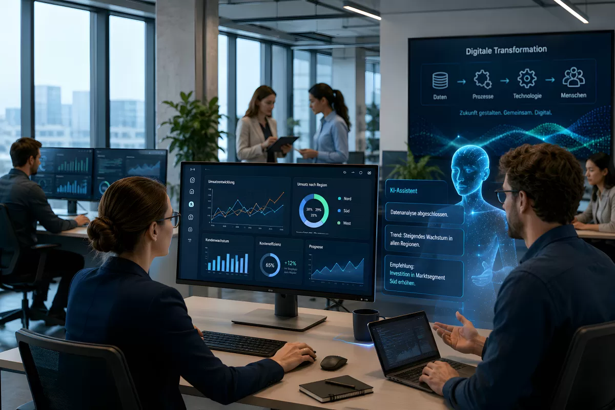 KI-Assistent und Team bei digitaler Datenanalyse