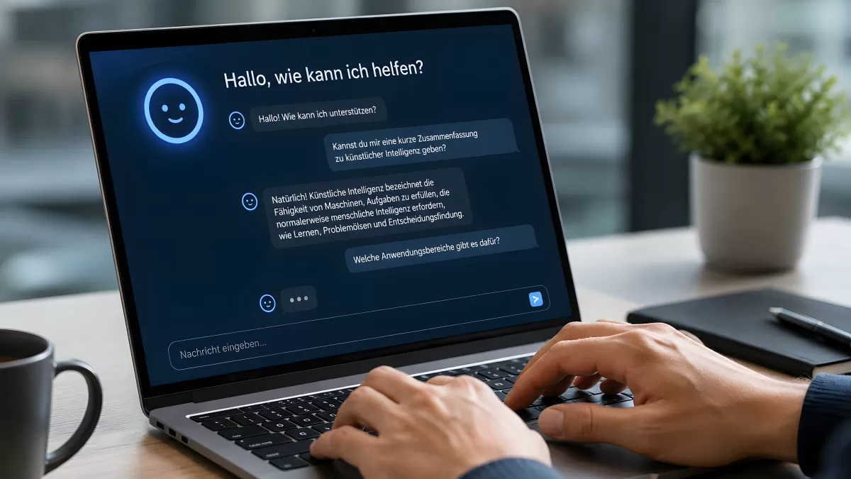 KI-Chatbot auf Laptop-Bildschirm im Büroalltag