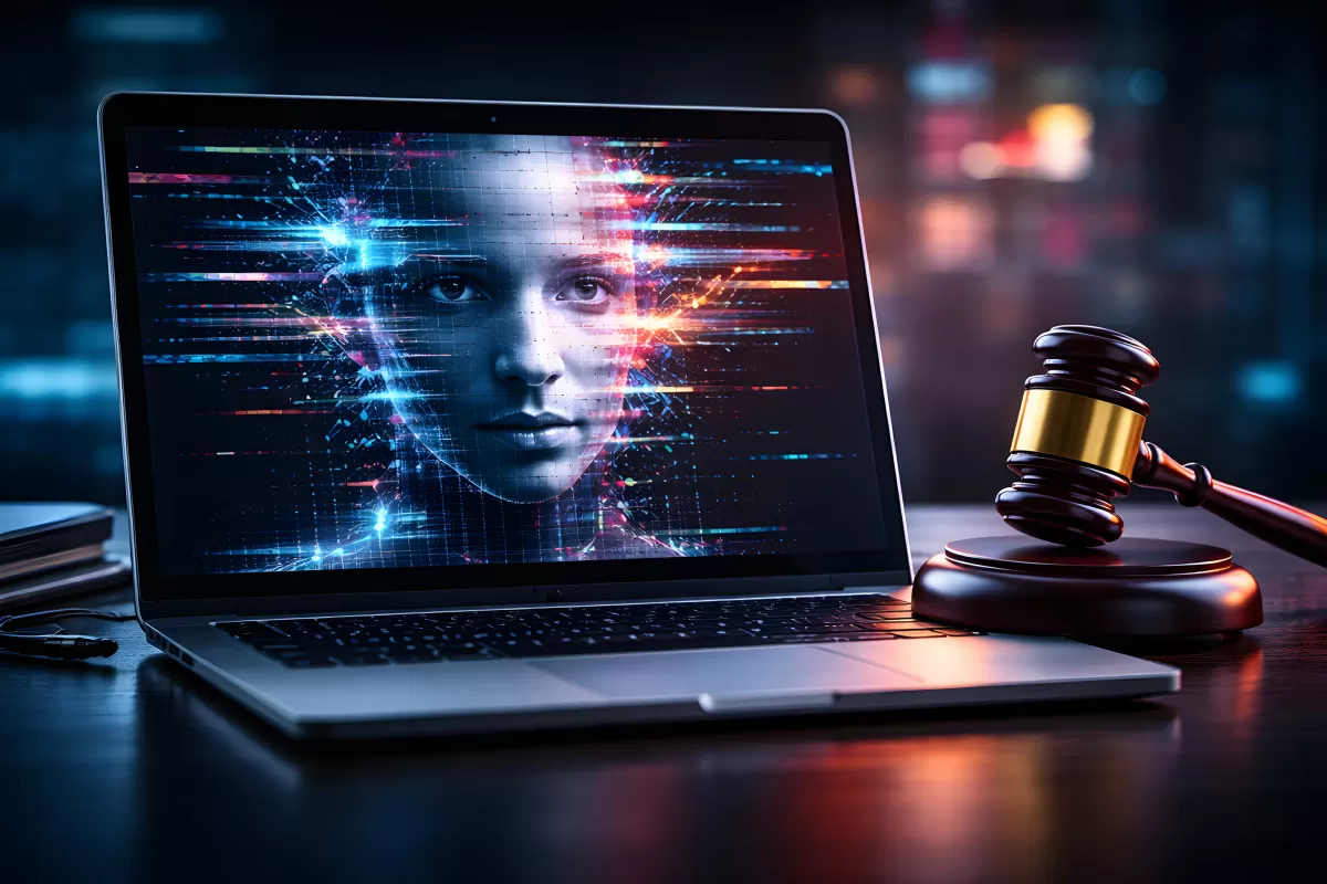 KI-Gesicht auf Laptop-Bildschirm neben Richterhammer