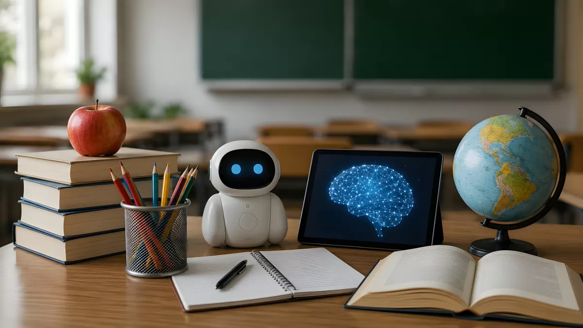 KI-Roboter im Klassenzimmer mit Tablet und Globus