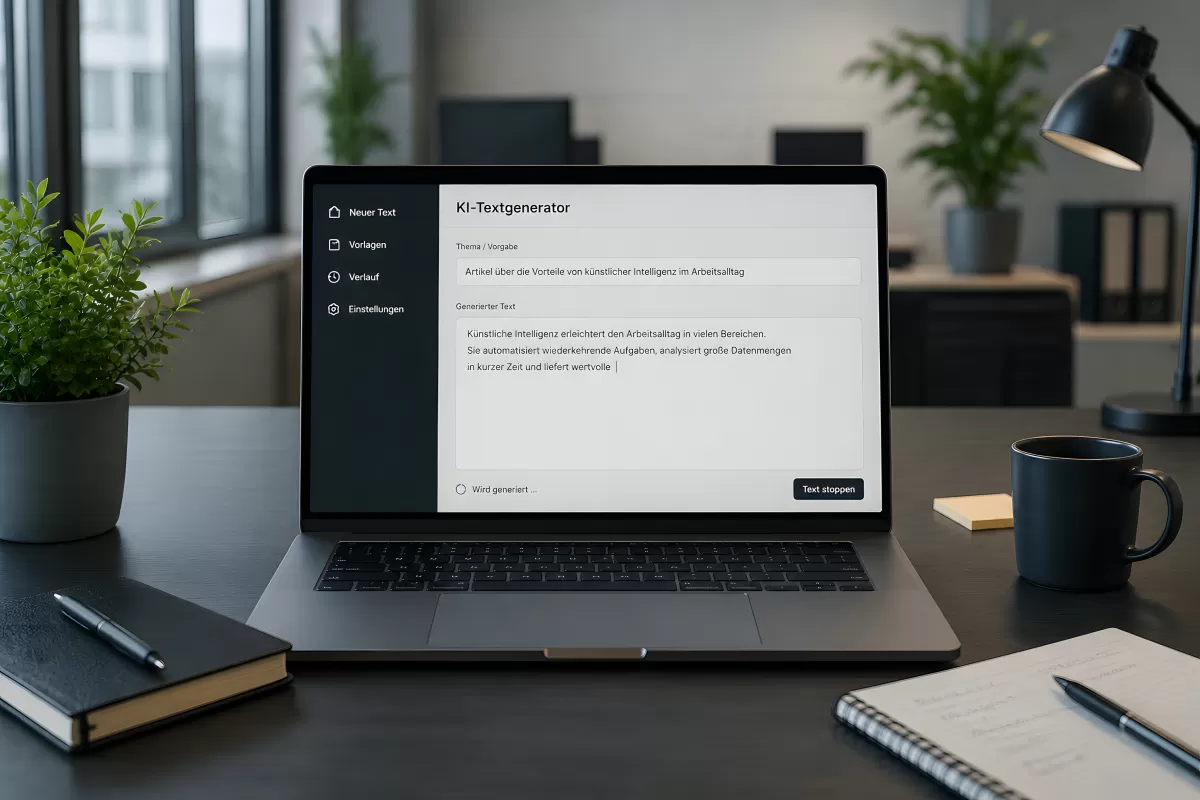 KI-Textgenerator auf Laptop im modernen Büro