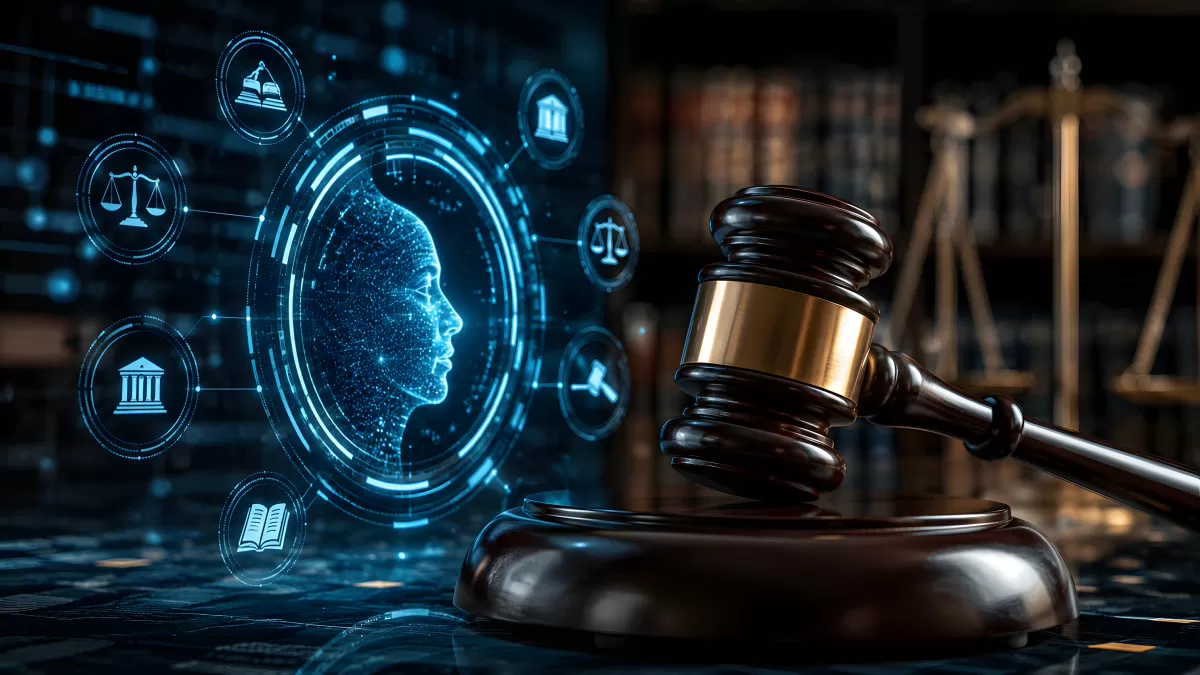 KI trifft Recht – digitaler Richterhammer mit Justitia