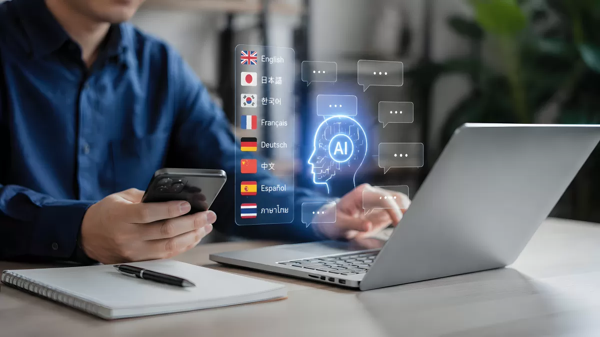 KI-Übersetzung in mehreren Sprachen am Laptop
