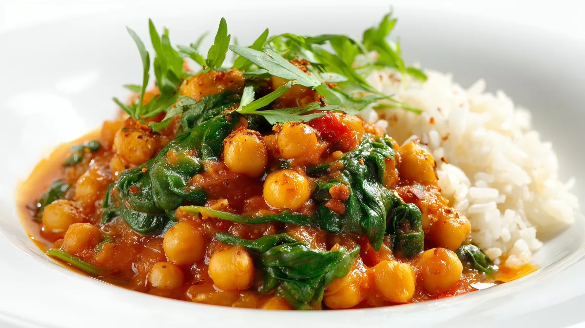 Kichererbsen Curry mit Spinat und Reis serviert