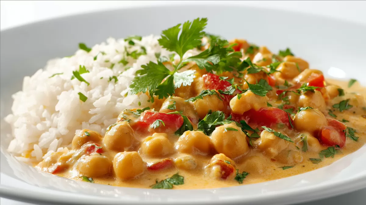 Kichererbsencurry mit Reis und frischem Koriander