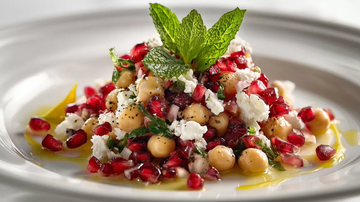 Kichererbsensalat mit Feta und Granatapfel auf Teller