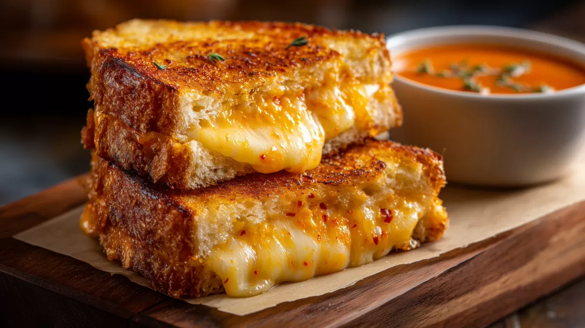 Kimchi Grilled Cheese mit schmelzendem Käse und Tomatensuppe