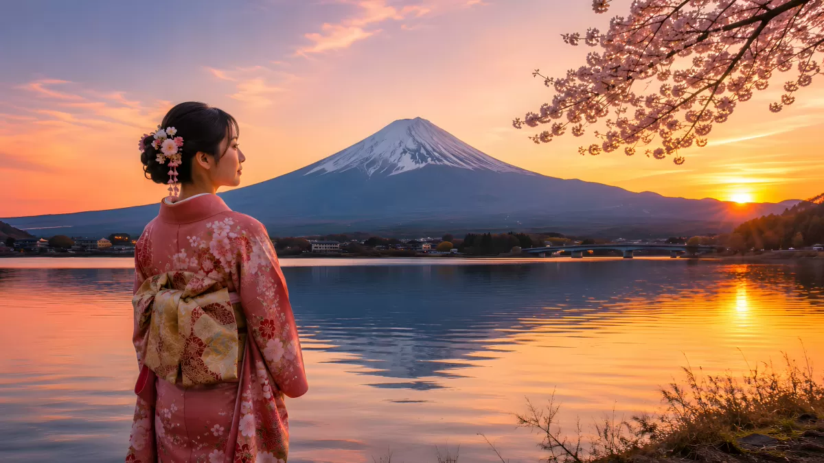 Kimono-Frau betrachtet den Fuji im Abendlicht