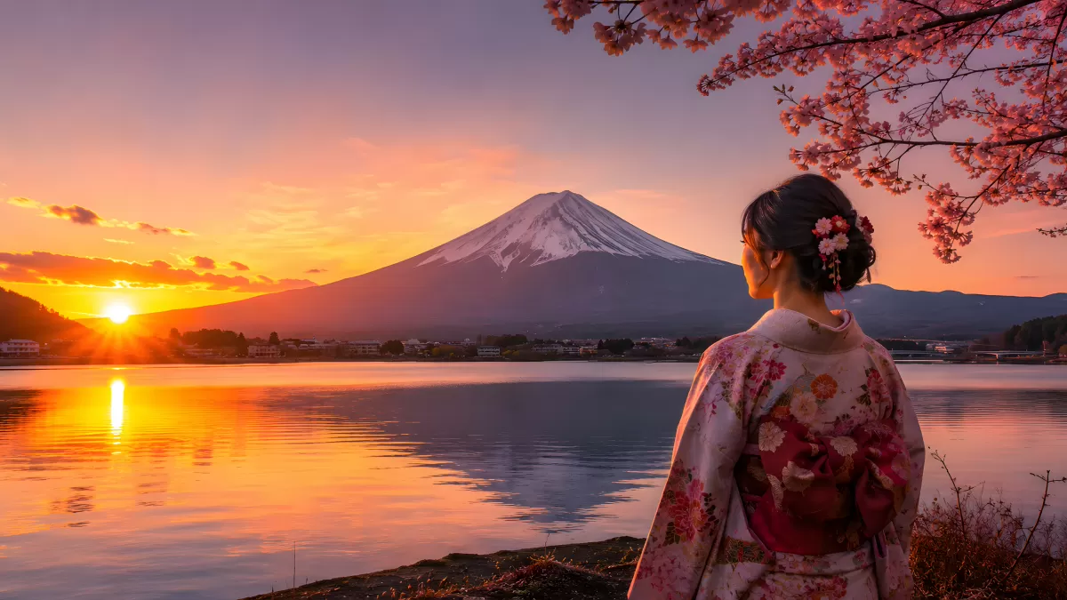 Kimono-Frau betrachtet den Fuji im Abendrot
