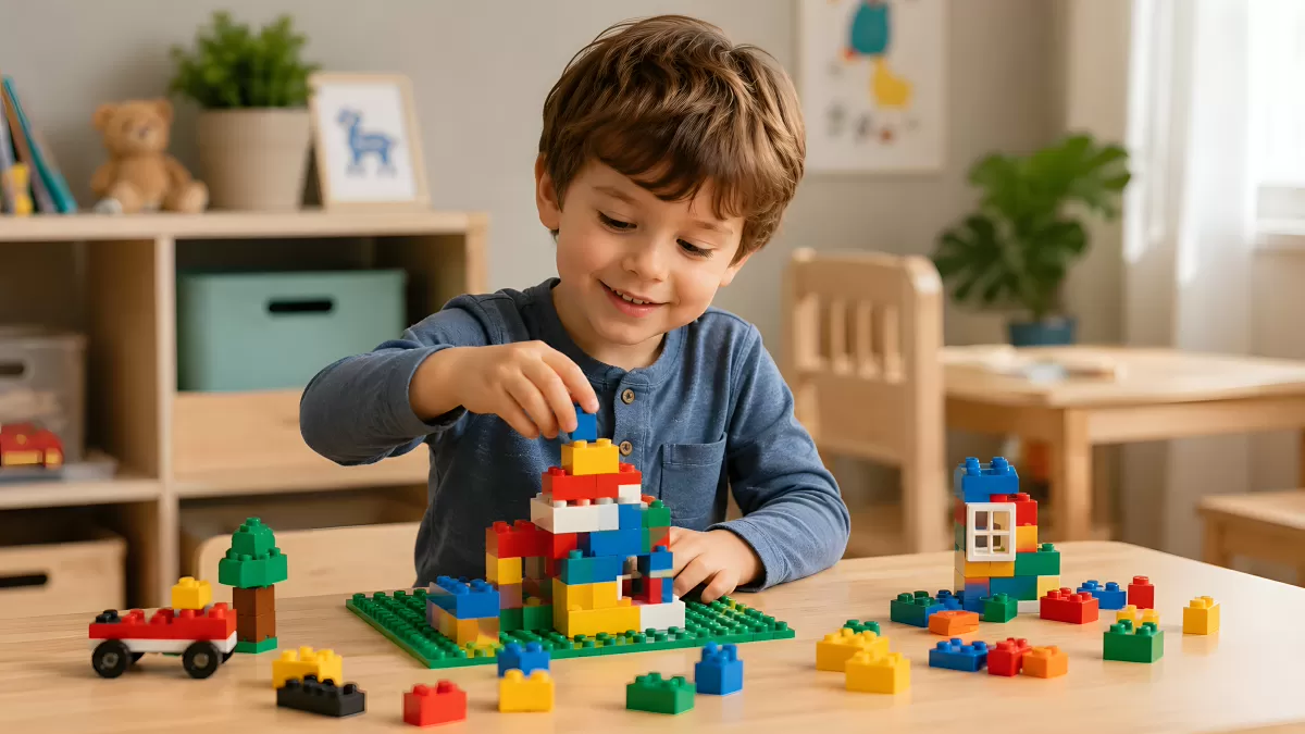 Kind baut bunte Legoburg am Kinderzimmertisch