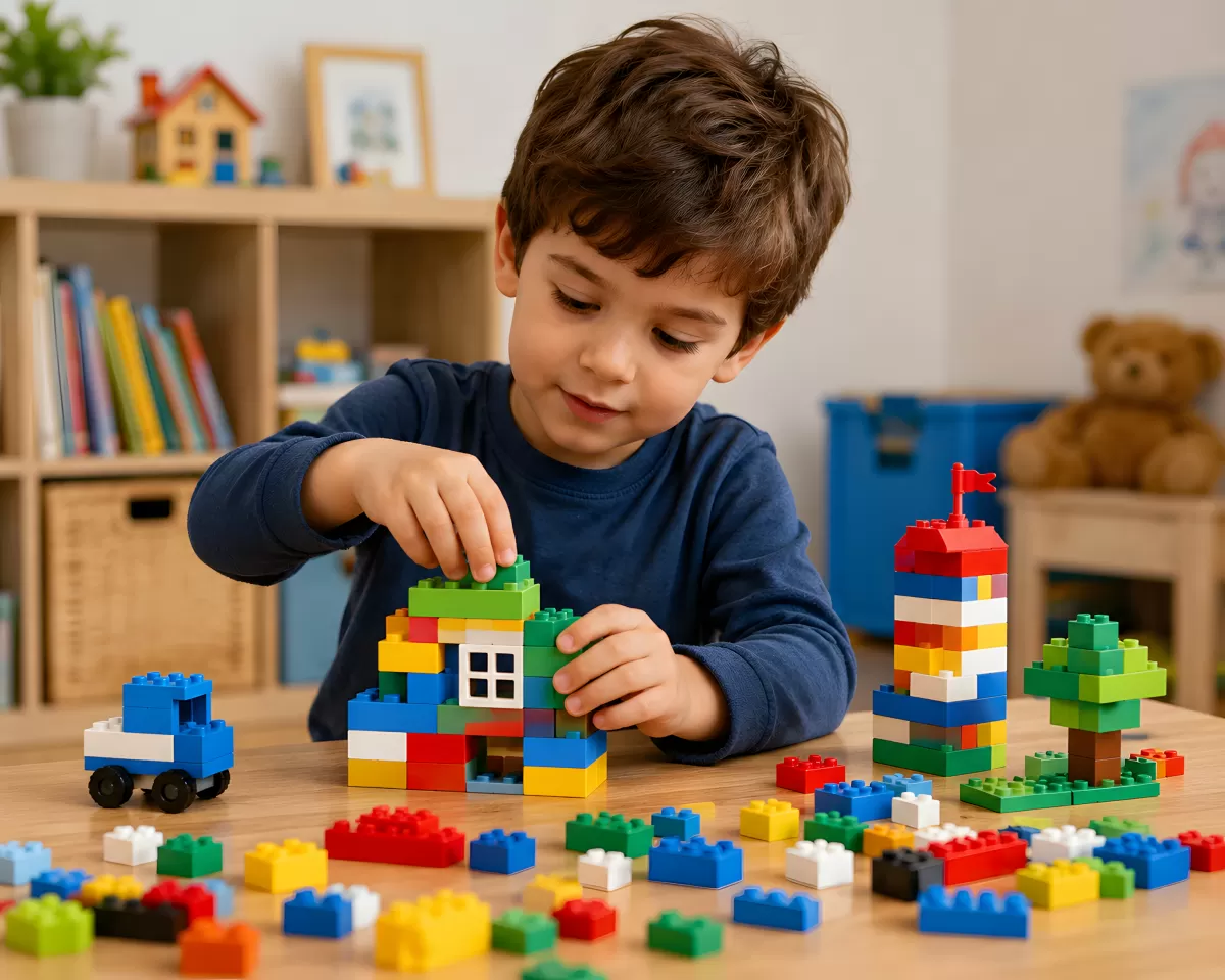 Kind baut buntes Haus aus Legosteinen am Tisch