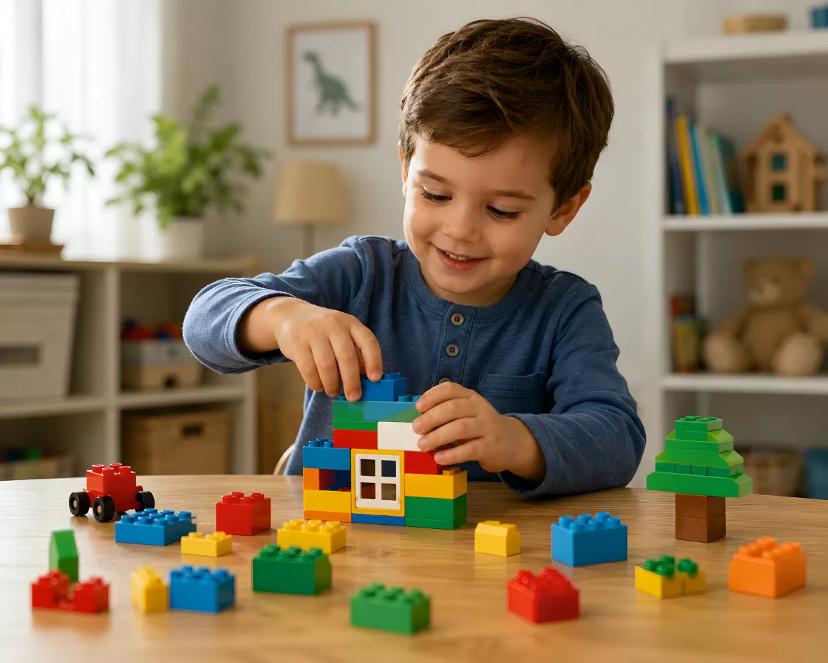 Kind baut buntes Legohaus am Tisch mit Begeisterung