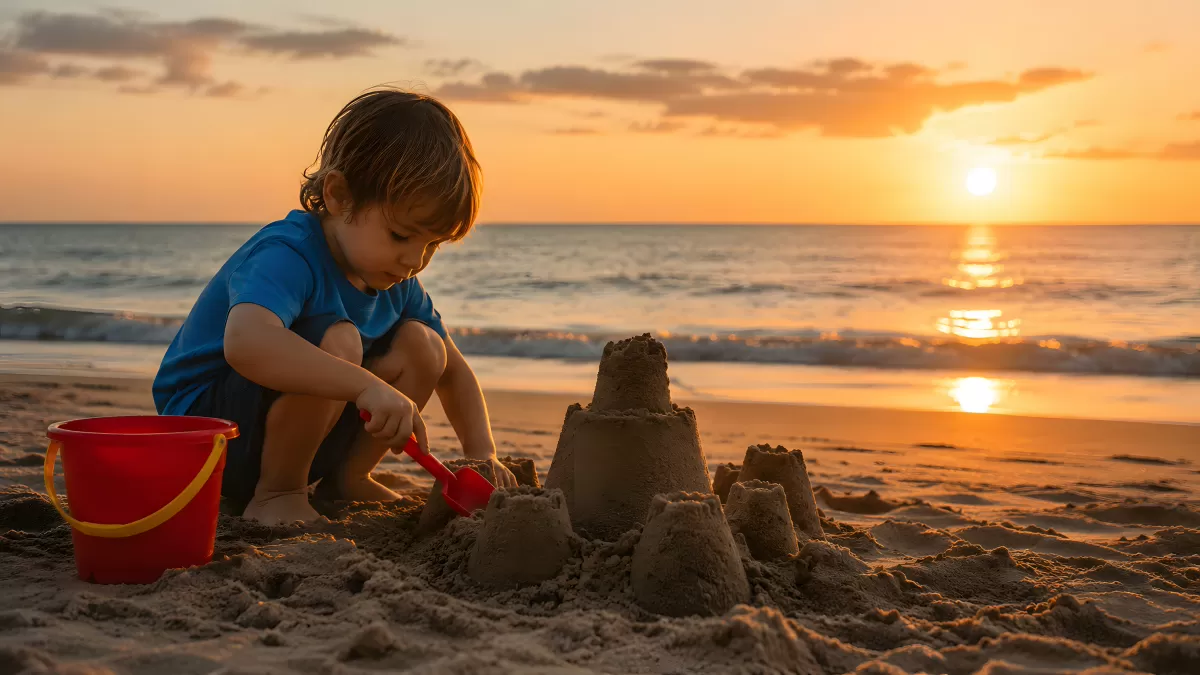 Kind baut Sandburg am Strand bei Sonnenuntergang