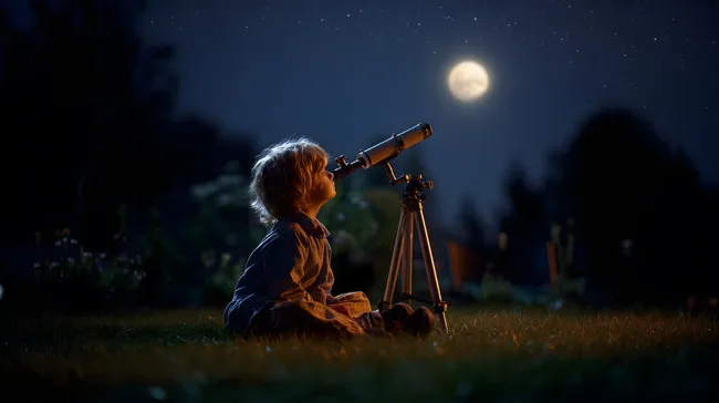 Kind beobachtet nachts Sternenhimmel mit Teleskop im Garten
