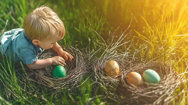 Kind entdeckt bunte Ostereier im Nest