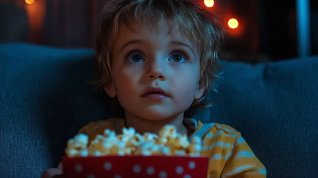 Kind genießt Popcorn beim Filmabend in gemütlicher Atmosphäre