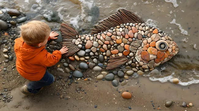 Kind gestaltet künstlerischen Fisch aus Naturmaterialien