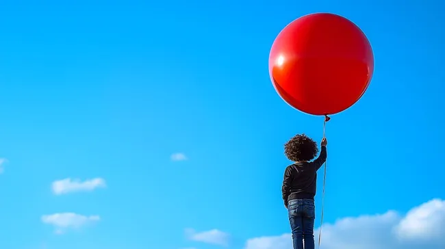 Kind hält großen roten Luftballon unter blauem Himmel