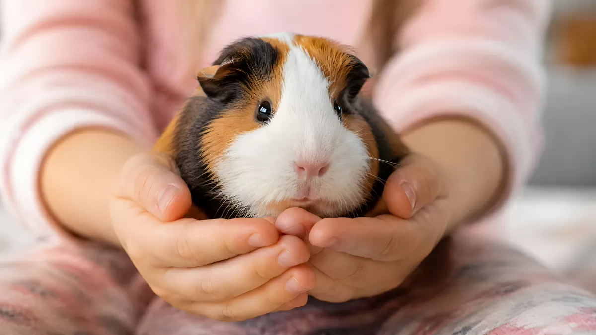 Kind hält süßes Meerschweinchen in den Händen